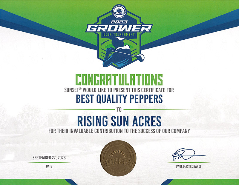 Mastronardi 2023 Grower Award for Best Quality Peppers - certificate